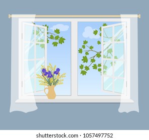 Open window with curtains on a blue background. Outside the window there are tree branches with green leaves. There is a bouquet of purple irises and mimosa on the windowsill. Vector illustration