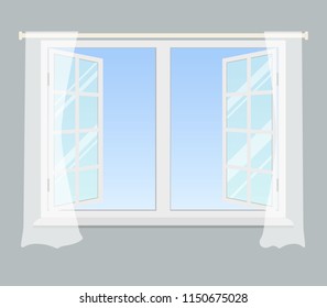 Open window with curtains on a gray background. Vector illustration