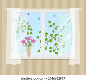 Open window with curtains on a striped background. Outside the window there are tree branches with green leaves. There is a bouquet of pink peonies on the windowsill. Vector illustration