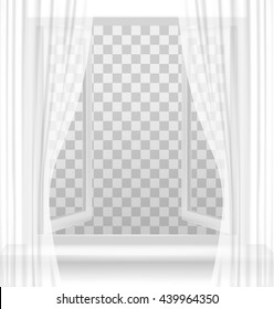 Open window with curtains on a transparent background. Vector.