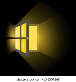 Open window in a dark room through which the rays of gold, yellow light. Isolated on black background. vector art image illustration, eps10