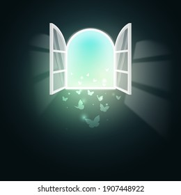 An open window filled with bright light and butterflies flying in. Vector illustration.