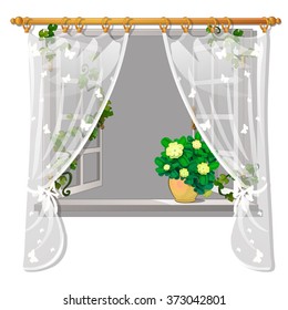 Open window with flowers on the windowsill. Vector.