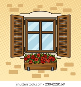 Open window with flowers underneath pinup pop art retro vector illustration. Comic book style imitation.