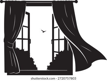 Ventana abierta con cortinas que fluyen y Naturaleza verde Ver ilustración