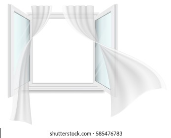 Open window and fluttering curtains. Vector detailed illustration. Isolated on white background.