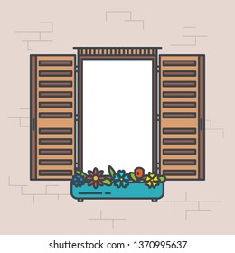 Open window frame. Line style vector illustration. Retro design style window banner. Front view with flowers pot and shutters. View through window pixel perfect banner.