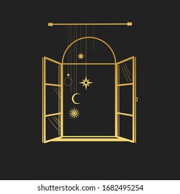 Open window with garlands. Vector illustration