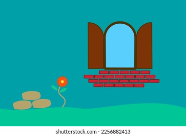 Abrir diseño gráfico de ventana con vista de naturaleza. Sencillo fondo de caricatura.