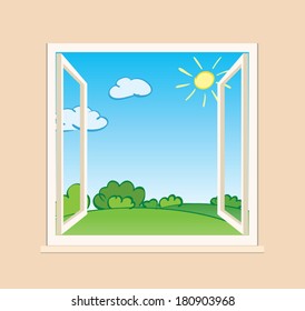 open window with green nature outside - vector illustration