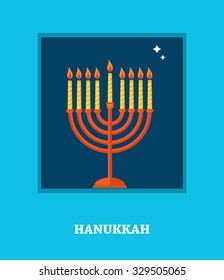  open window  with Hanukkah menorah. happy Hanukka