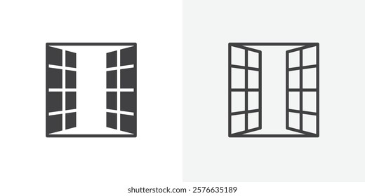 Open window icon set in black flat solid and outlined style.