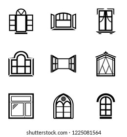 Open window icons set. Simple set of 9 open window vector icons for web isolated on white background