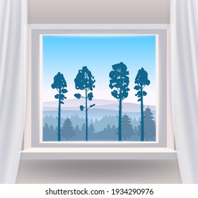 Open window interior home with a forest landscape view nature. Country mountains landscape from view the window of trees panorama. Vector illustration