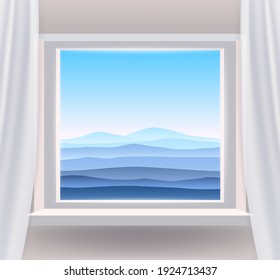Apertura de la casa interior de ventana con una naturaleza vista al paisaje mínima. El paisaje de las montañas rurales desde la ventana de los campos vista. Ilustración del vector