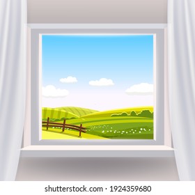 Open window interior home with a rural landscape view nature. Country spring summer landscape from view the window of green meadow fields panorama. Vector illustration