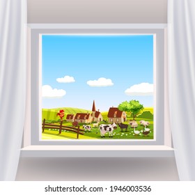 Hogar interior con ventana abierta con vistas al paisaje rural. Paisaje de verano de primavera campestre desde la ventana de las casas granjas, animales, verdes campos de prados vista panorámica. Ilustración del vector