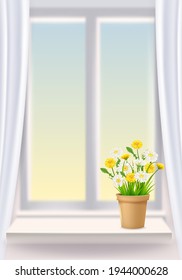 Open window in interior, view on landscape, spring, flower pot with flowers daisy and dandelions on windowsill, curtains. Vector illustration template realistic