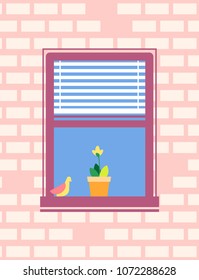 Open window with jalousie blind or shutter, bird sitting on window sill, with blooming yellow flower in pot, vector illustration on brick wall backdrop