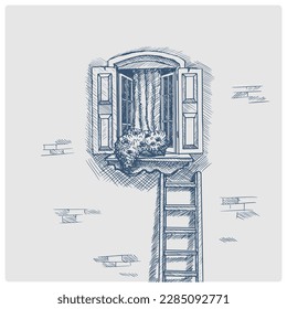 Open window and ladder near house sketch obsolete blue style vector illustration. Old hand drawn azure engraving imitation.