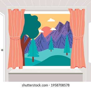 Open window with a landscape view. Mountain peaks and trees. Nature background. Vector illustration flat design