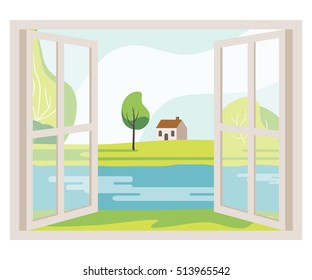 Open window with a landscape view. The landscape from the window of the river, meadow, house. Vector illustration flat design. 