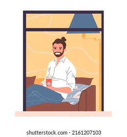 Abrir ventana con el hombre en la ilustración vectorial de los apartamentos. Exterior del edificio con hombres y mujeres viviendo dentro