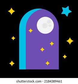 Open window, moon and stars in the night sky. Vector illustration in retro flat design