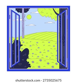 Open window to nature 2D cartoon object. Countryside view. Peaceful scenery. Revealing green landscape with field and fresh air isolated element flat vector clip art on white. Spot illustration