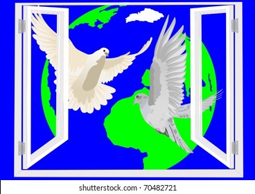In an open window on the background of the Earth's two flying pigeons