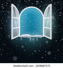 Open window on the background of snowfall. Vector illustration.