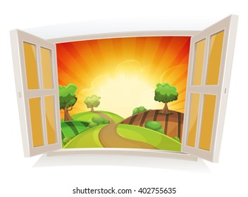 Open Window On A Summer Rural Landscape/
Illustration of an open window on a summer landscape, with sunrise and rural road snaking in pastures and meadows, and harvesting fields