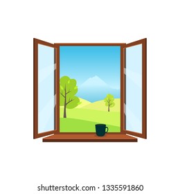 Open window on white background. Open window overlooking the beautiful spring landscape: meadows, mountains, trees. On the windowsill is worth mug. Flat style vector illustration.   