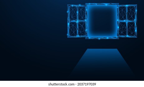 Ein offenes Fenster. Polygonale Konstruktion von Linien und Punkten. Blauer Hintergrund.