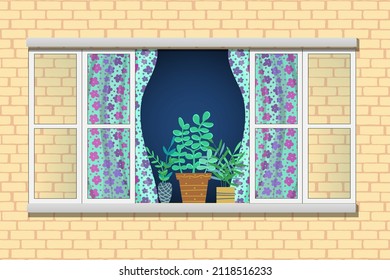 An open window with potted indoor flowers on it, a fragment of the brick wall of the building. Vector illustration.