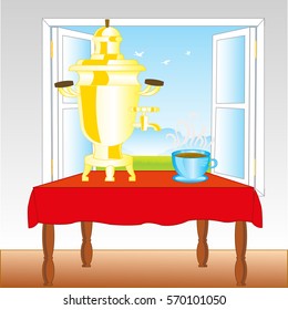 Open window in room and samovar on table