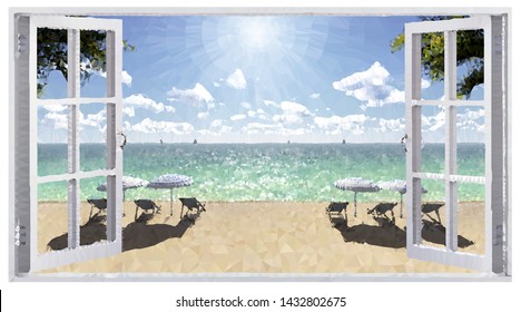 The open window, with sea views. Vector low poly art.