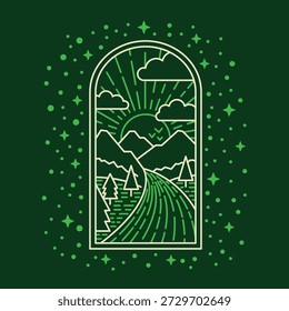 Janela aberta mostrando uma bela paisagem natural de montanhas, árvores, lago, sol, céu. Ilustração da linha da arte para impressões da arte, cartaz, roupa. Fácil de Mudar de Cores. Magia, fantasia, aventura, viagem.
