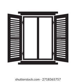Ventana abierta con persianas, una simple ilustración gráfica en blanco y negro