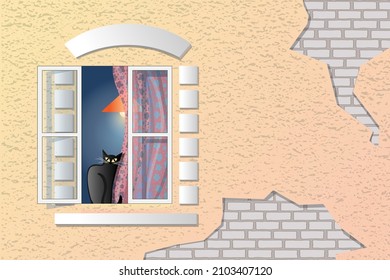 An open window and a sitting black cat , a fragment of the wall of the house. Vector illustration.