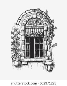 Open Window Sketch. Vintage Vector Illustration