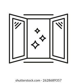 Open Window With Sparkles Line Icon. Fresh Air, Cleanliness, And Ventilation Outline Symbol. Home Environment And Hygiene Concept. Editable Stroke. Isolated Vector Illustration.