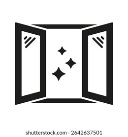 Open Window With Sparkles Solid Icon. Fresh Air, Clean Environment, And Ventilation Silhouette Symbol. Home Hygiene And Air Quality. Isolated Vector Illustration.