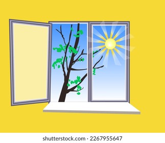 open window spring the first rays of the sun buds bloom the first foliage on the tree window sill wall window frame ventilation fresh air in the room