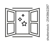 Open Window With Stars Line Icon. Night Sky View Through Window Outline Symbol. Nighttime Sign. Editable Stroke. Isolated Vector Illustration.