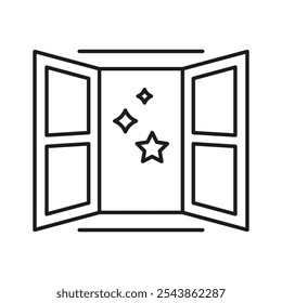 Open Window With Stars Line Icon. Night Sky View Through Window Outline Symbol. Nighttime Sign. Editable Stroke. Isolated Vector Illustration.