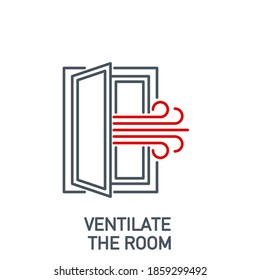 open window with a stream of fresh air, room ventilation single line icon isolated on white. Perfect outline symbol Coronavirus Covid 19 prevention banner. Quality design element with editable Stroke svg