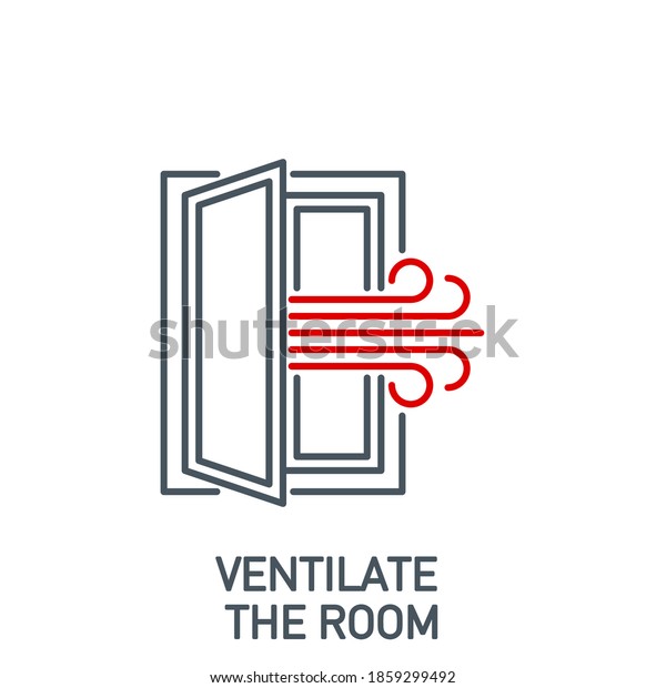 open window with a stream of fresh air, room\
ventilation single line icon isolated on white. Perfect outline\
symbol Coronavirus Covid 19 prevention banner. Quality design\
element with editable\
Stroke