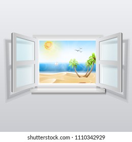 Open window with summer views: White window open. Summer landscape with beach palm trees. Vector