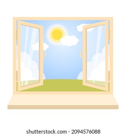Abre la ventana con la vista de la escena del día soleado. Plantilla de vectores.